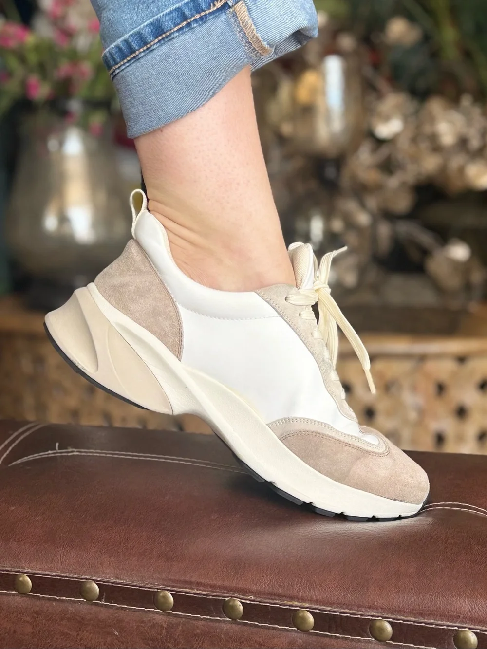 Tory Burch Cream & Taupe Suede Leather Platform Sneakers